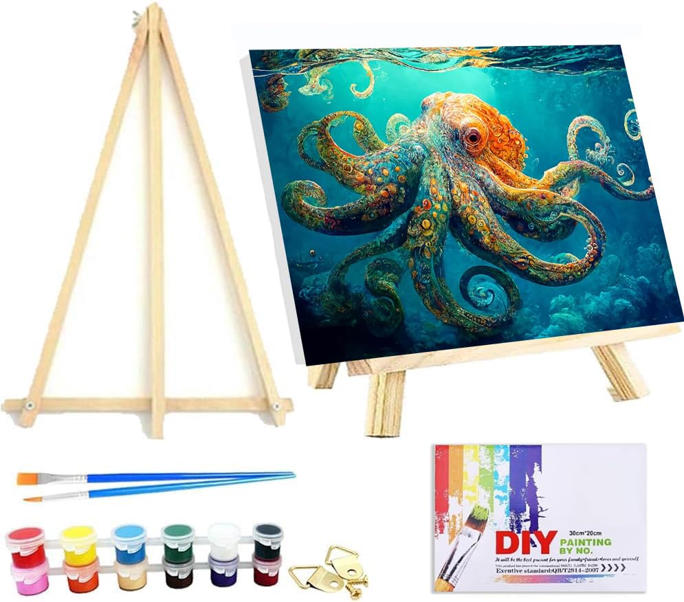 VIGEGU Paint by Numbers Kit for Adults with Framed - Octopus Paint by Number with Wooden Easel DIY Nice Box Acrylic Oil Painting,for Wall Decor 8x12inch VIGEGU