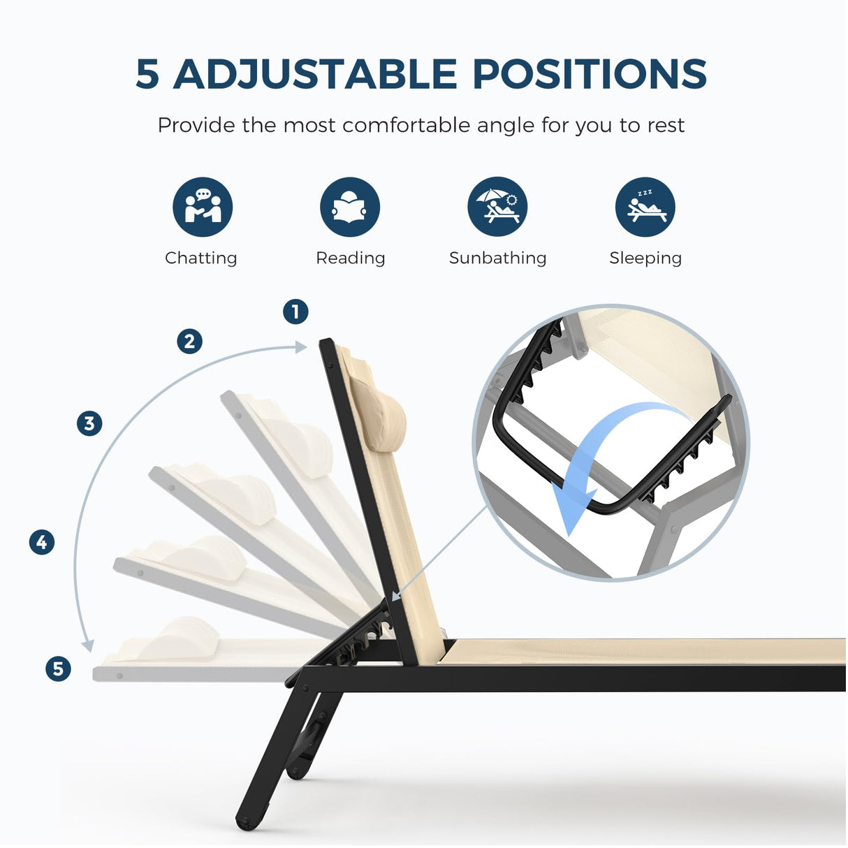 HOMSHADE Outdoor Aluminum Lounge Chair -Set of 2 with 5 Position Adjustable Backrest, Textilene Fabric, Two Wheels, Headrest for Pool, Beach, Beige (No Table) HOMSHADE