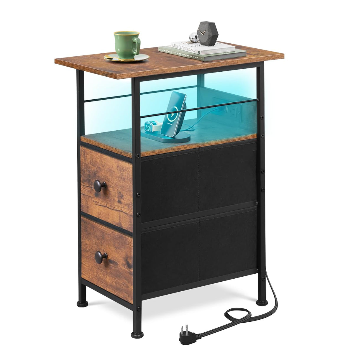 WLIVE Narrow Side Table with Charging Station, End Table with LED Lights,2 Fabric Drawers and Open Shelf, Bed Side Tables Living Room, Small Spaces, Bedroom, Night Stand with Charger Station WLIVE