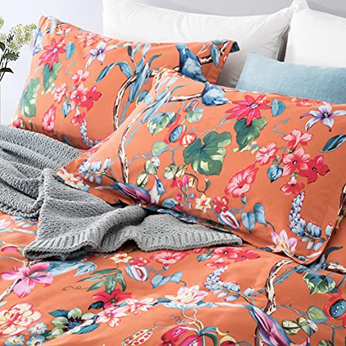 Eikei Botanical Garden Duvet Cover Washed Brushed 100-percent Cotton Bedding Set Asian Chinoiserie Print Colorful Tropical Tree Branches and Birds Floral Pattern (Queen, Orange) Eikei