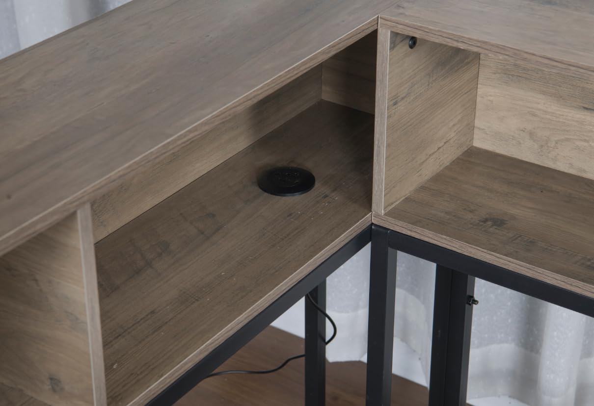 Bellemave Full Corner Bed Frame with Desk and Storage, Full Size Captains Bed with Charging Station and LED Light, Wood Daybeds with L-Shaped Bookcase and 2 Drawers, Grey Bellemave