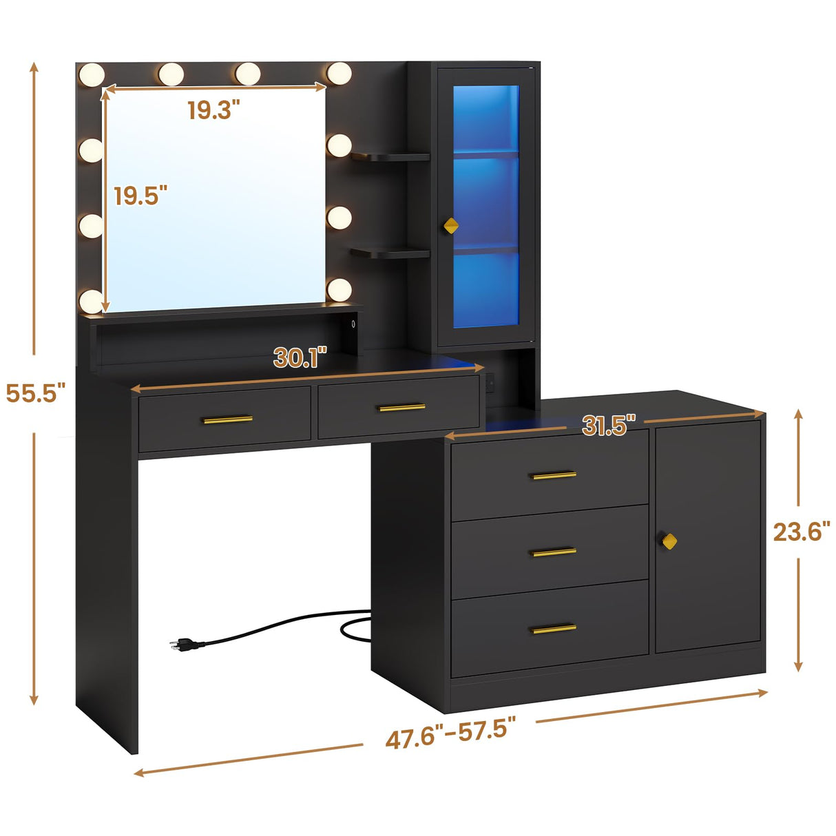 HAUOMS Large Makeup Vanity with Lights Vanity Desk with Mirror, Modern Vanity Table Set with Drawer Dresser, Charging Station & RGB Cabinets, Makeup Desk with 5 Drawers and Storage Shelves, Black HAUOMS