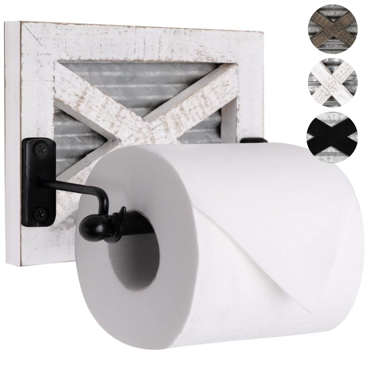 Autumn Alley White Farmhouse Toilet Paper Holder Wall - Farmhouse Bathroom Decorative Accessories Country - White Washed Wood, Galvanized Metal & Matte Black Metal - Adds Rustic Bathroom Charm Autumn Alley