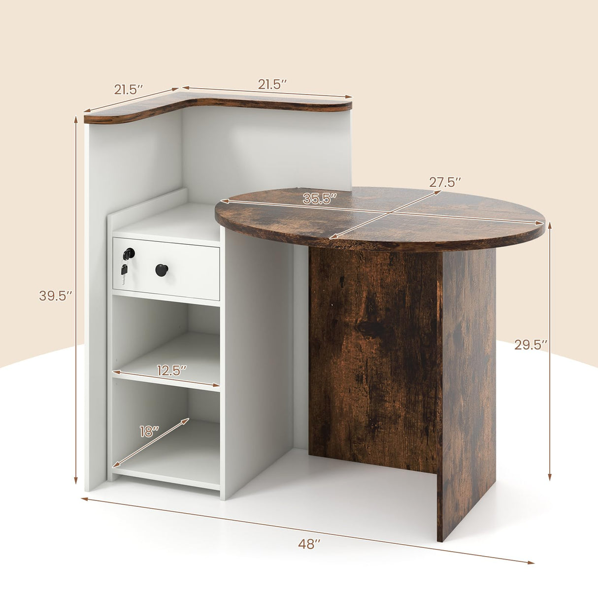 IFANNY Reception Desk, 48’’ Retail Counter w/Lockable Drawer & Storage Shelf, L-Shaped Reception Table, Wooden Computer Desk for Salon, Restaurant, Office (Rustic Brown & White) IFANNY