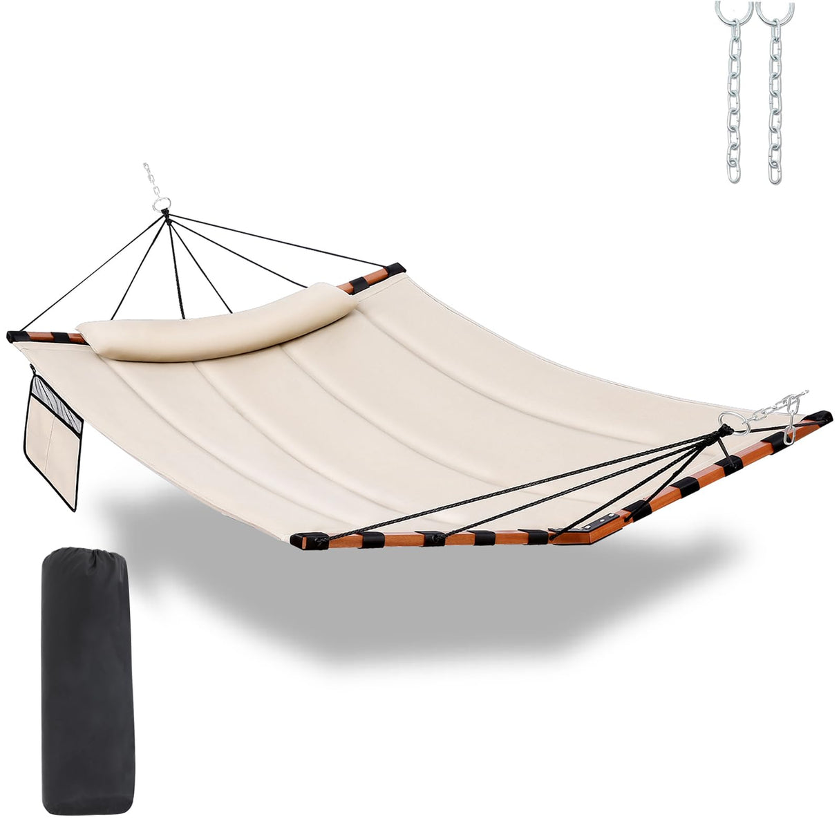 TegerDeger 12FT 2 Person Hammock Large Hammock 450LB Capacity with V Shaped Hardwood Spreader Bar & Nylon Rope for Outside, Patio, Garden, Backyard, Beach, Poolside - Beige TEGERDEGER