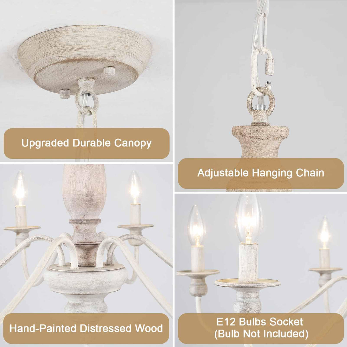 Farmhouse Chandeliers for Dining Room 6 Lights, Distressed White Wood French Country Chandelier, Rustic Chandeliers Farmhouse for Bedroom Living Room Foyer BYKWRTV