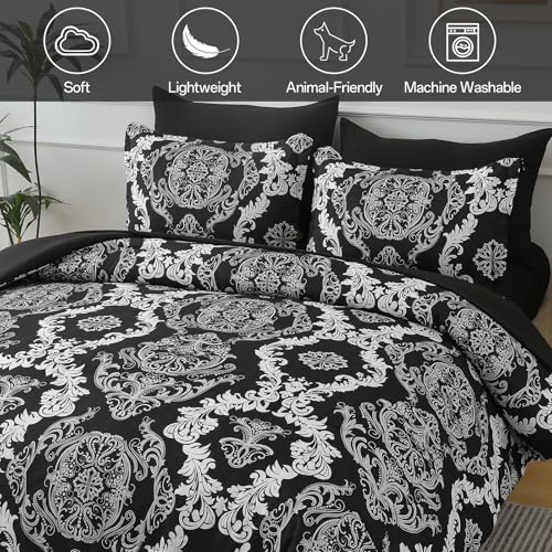 WONGS BEDDING 7 Pieces Comforter Set King Size, Black White Texture Bedding Set for All Season, Damask Soft and Breathable Bed in a Bag with Comforter, Flat Sheet, Fitted Sheet, Pillowcases & Shams WONGS BEDDING