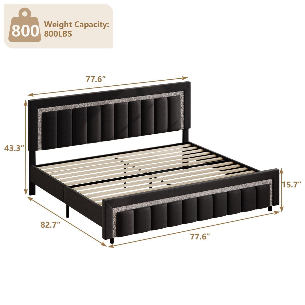 HOMBCK King Size Bed Frame, Black King Size Bed Frame with Diamond Headboard and Footboard, Velvet Upholstered Bed Frame with Vertical Channel Design, No Box Spring Needed, Easy Assembly, Black HOMBCK