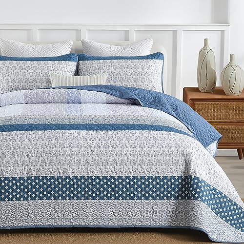 WONGS BEDDING Blue Quilt Queen Size, Bohemian Stripe Quilt Sets 3 Pieces Boho Quilted Bedspread Set Lightweight Microfiber Coverlet Bedding Set All Season (96"x90") WONGS BEDDING