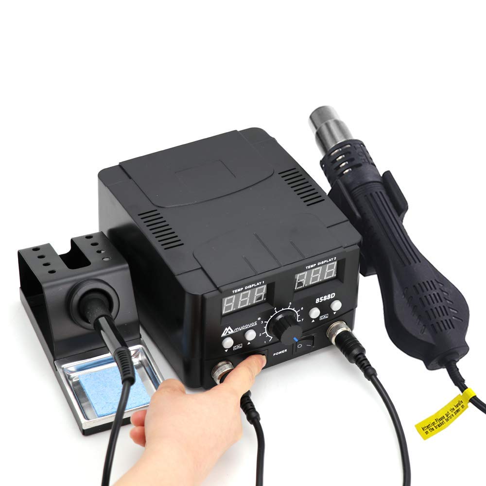 MYPOUOS 2 IN 1 750W LED Digital Soldering Station Hot Air Gun Rework Station Electric Soldering Iron For Phone PCB IC SMD BGA Welding SET 110V (8588D SET1) MYPOUOS