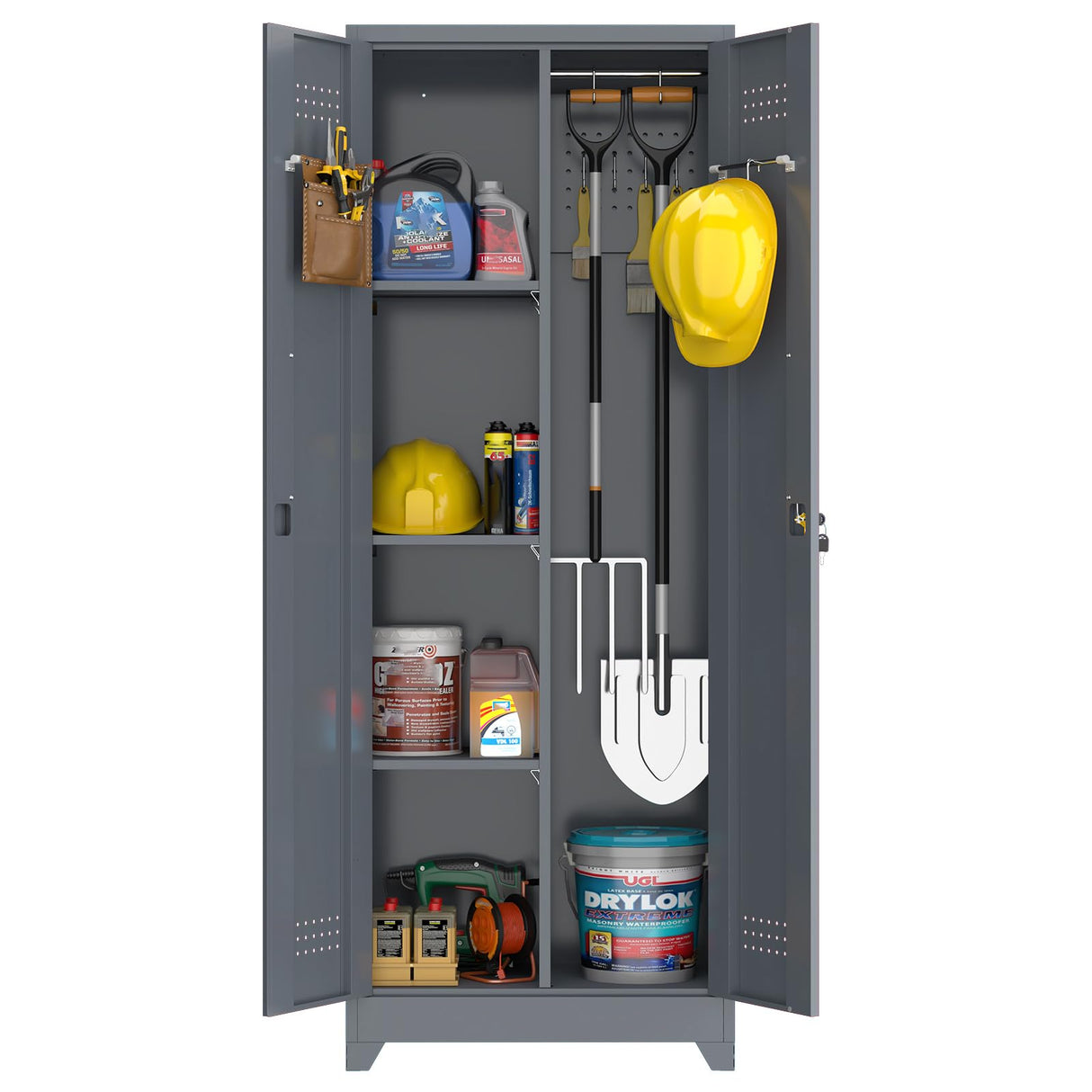 GREATMEET 65" H Metal Garage Storage Cabinets with Lock Door and Adjustable Shelves,Grey Broom Closet Storage Cabinet for Cleaning Supplies for Garage, Bathroom,Kitchen,Home GREATMEET