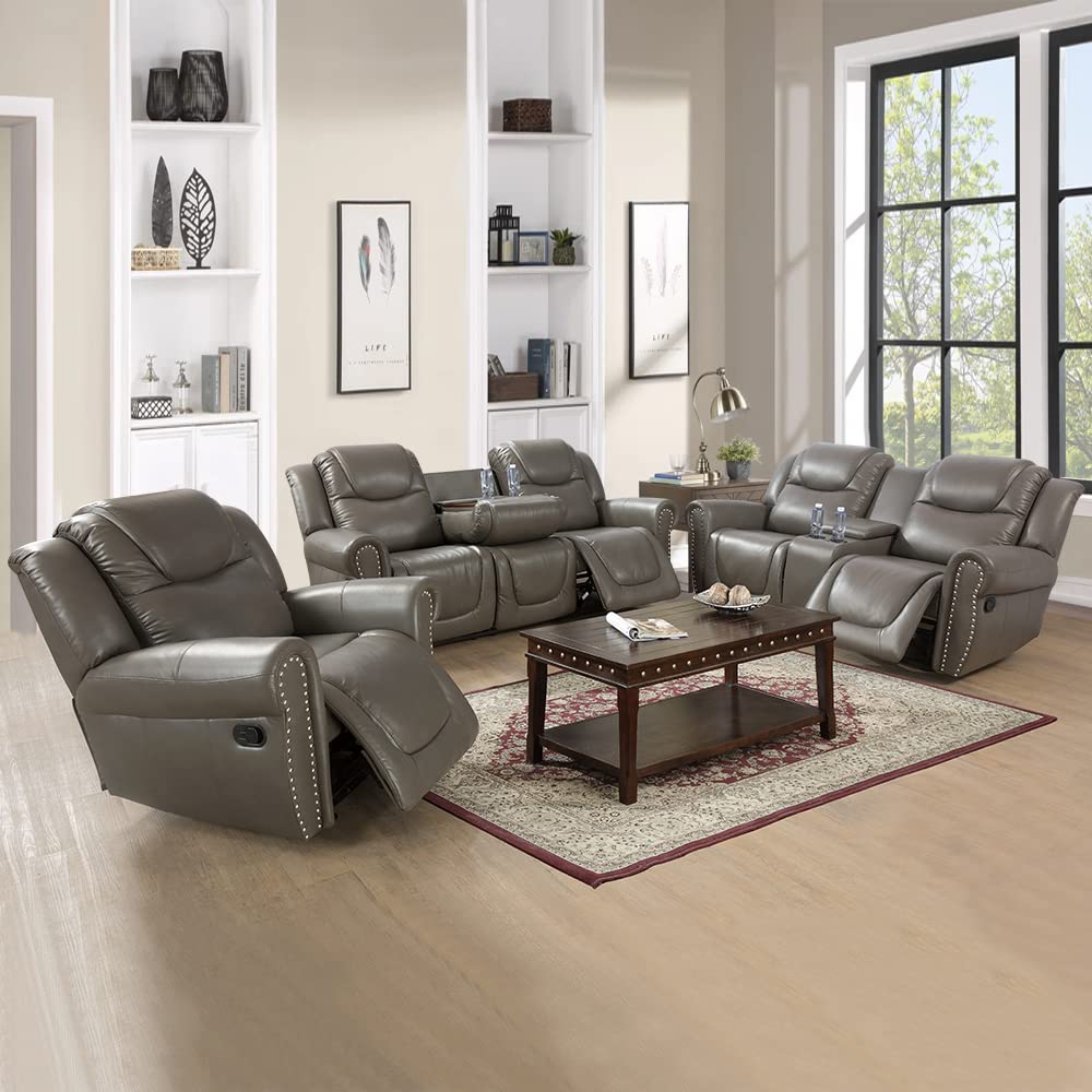 Ocstta Manual Leather Recliner Sofa Set, Living Room Furniture Set,Lea ...