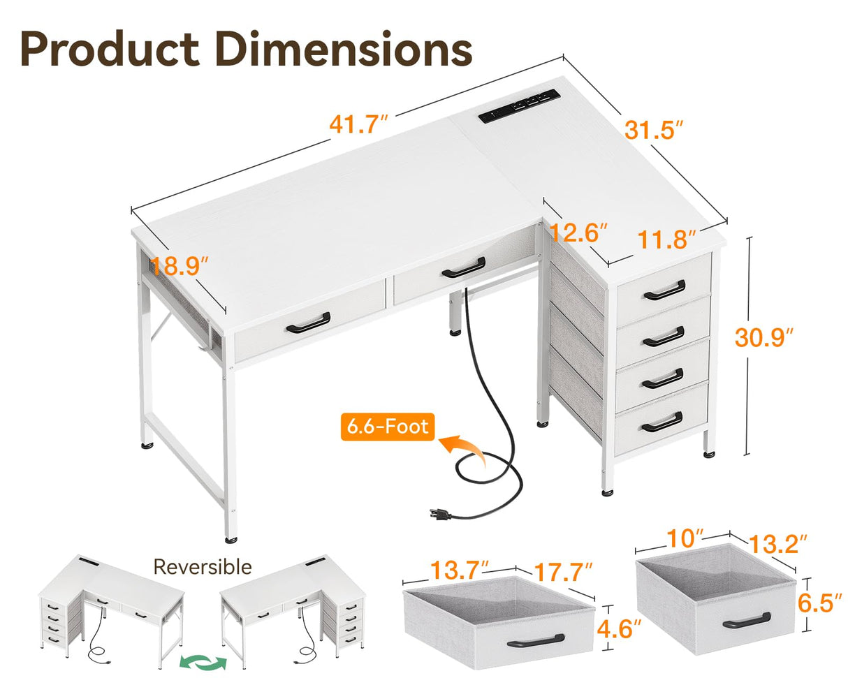 Coleshome 42 Inch L Shaped Desk with Drawers, Computer Desk with Power Outlets, Home Office Desk with 6 Drawers, Reversible Corner Desk for Small Space, Study Work Table with Hook, White Coleshome