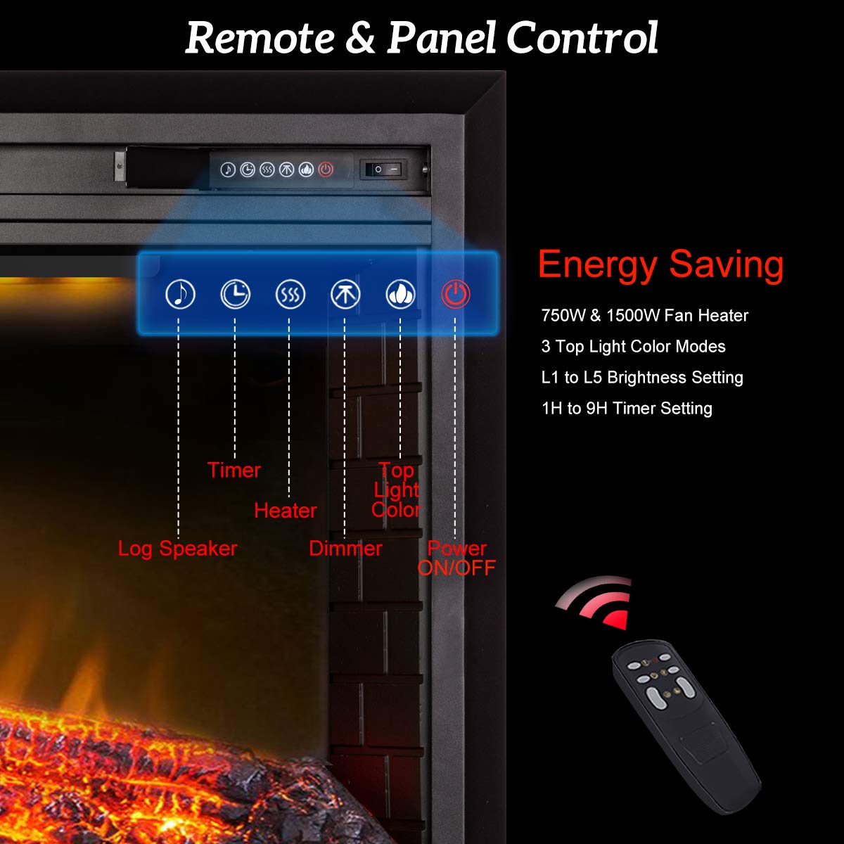 Valuxhome 43 Inches Electric Fireplace Heater Insert with Overheating Protection, Fire Crackling Sound, Remote Control, Thermostat, 750/1500W, Black Valuxhome