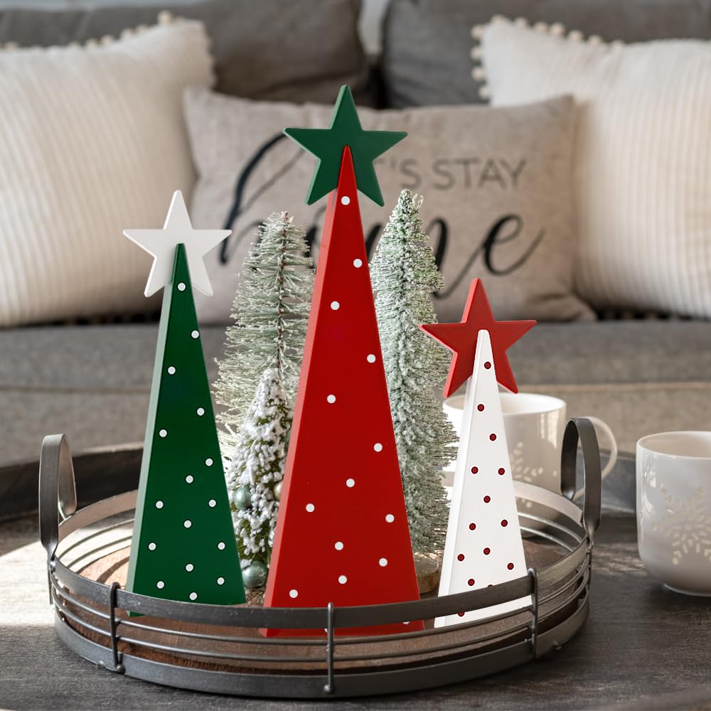Christmas Decorations Indoor, Christmas Decor - 3 PCS Wooden Xmas Tree Signs with Stars for Home, Table, Fireplace Mantel, Shelf, Office Desk, Party Decor - Xmas Holiday Decorations AKEROCK