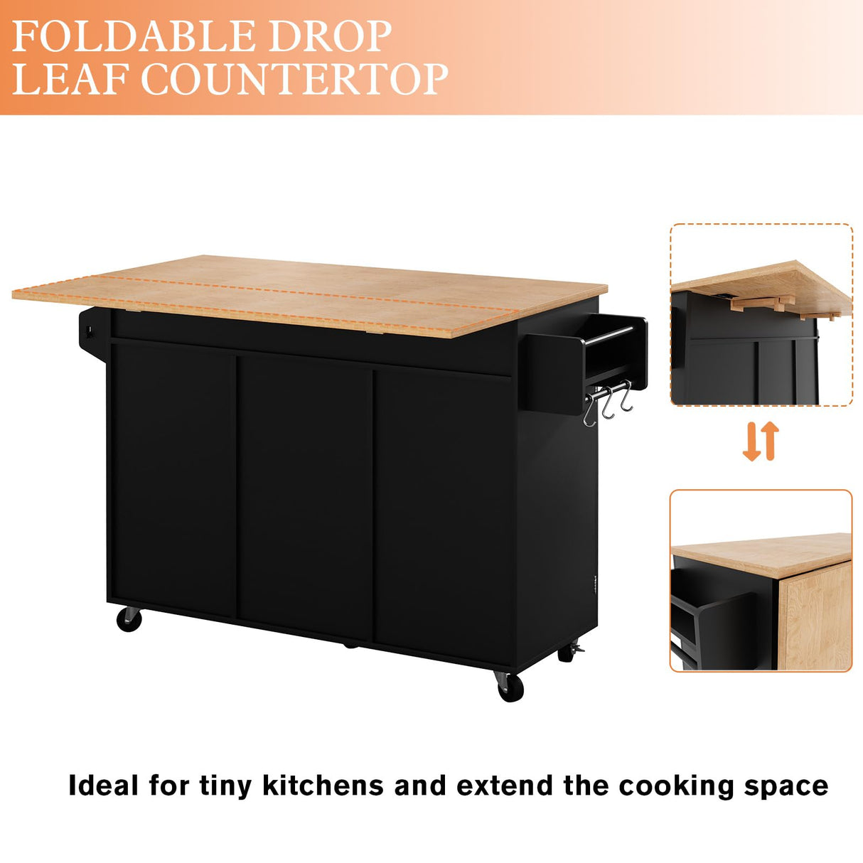 HLR Kitchen Island On Wheels, Rolling Kitchen Island Cart with Drop Leaf Countertop, Barn Door Kitchen Island Table with Storage Cabinet and Tower Rack, Island Table for Kitchen HLR