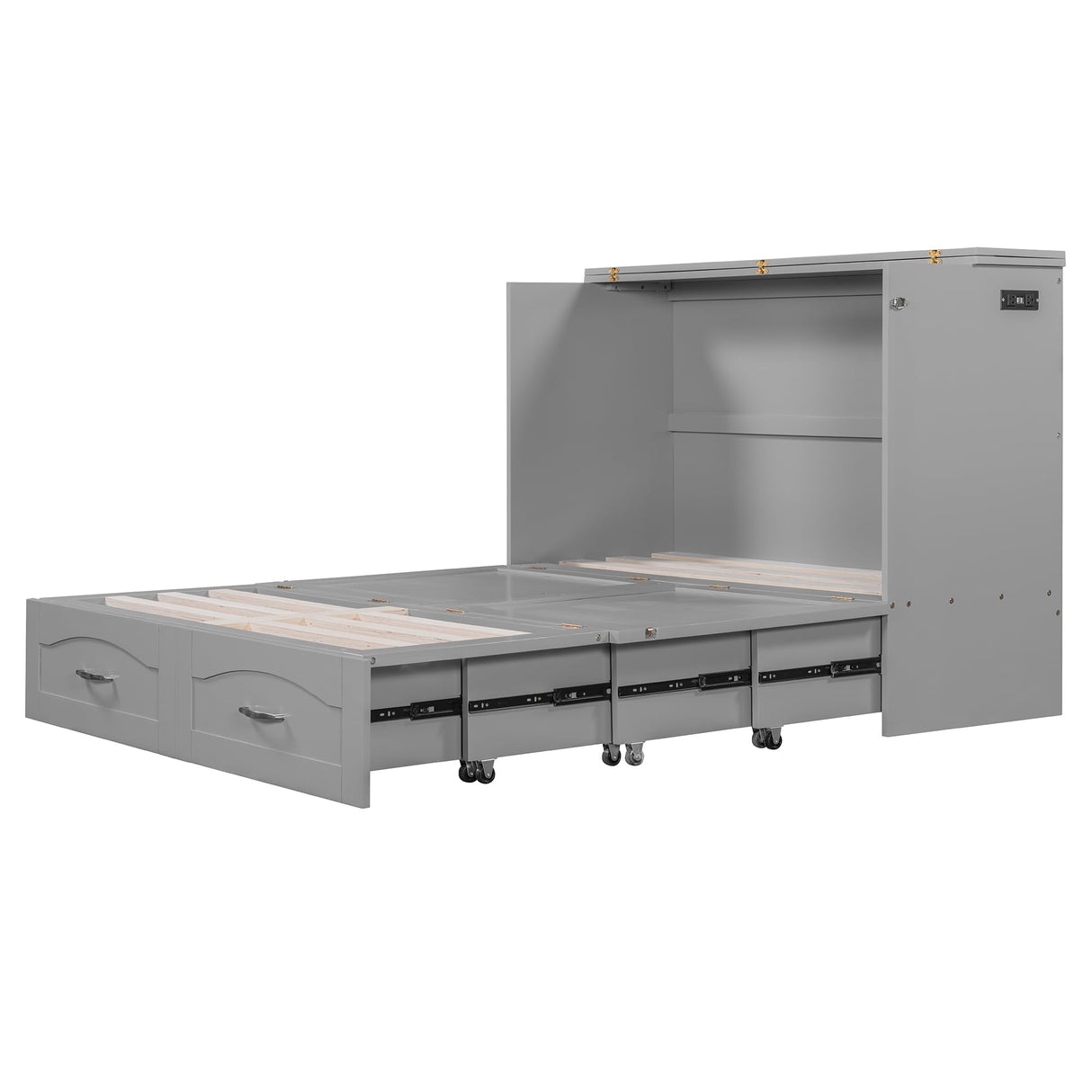 Ball & Cast Murphy Bed Full Size,Cabinet Bed with Drawer and a Set of Sockets,Space Saving Hideaway Wall Bedframe w/USB Ports & Pulley Structure Design,Slat Support,Furniture for Small Space,Gray Ball & Cast