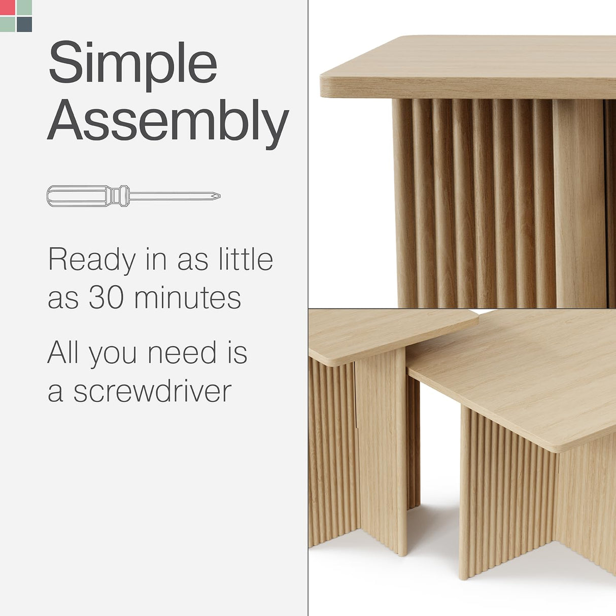 Square Fluted Nesting Coffee Table - Low Profile 2 Piece Square Coffee Table Set - Living Room Furniture - Modern Home Decor - Solid Oak Base (Natural Oak) Stead