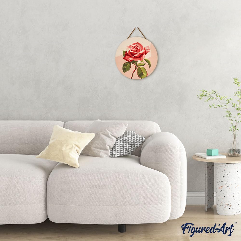 Figured'Art Paint by Numbers Kit for Adults on Wood Slice, 11.8in Diameter - Red Rose - Craft Art Painting DIY Canvas Figured'Art