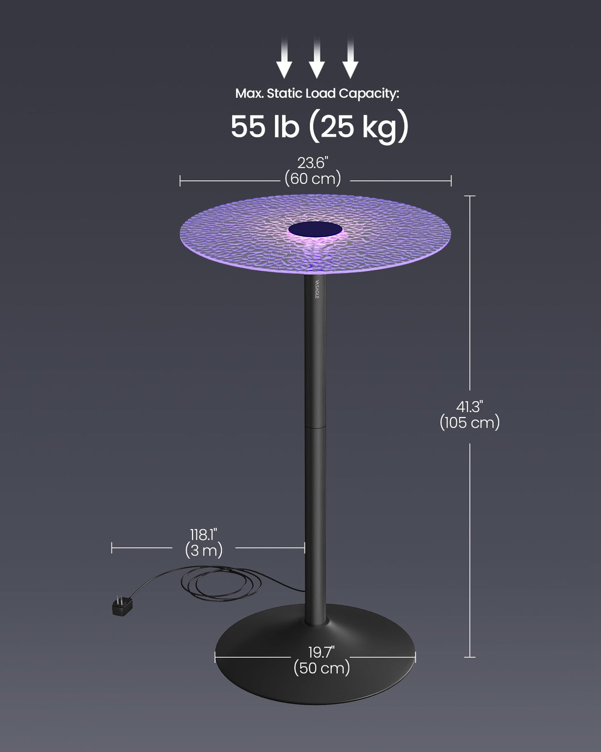 VASAGLE Bar Tables, Set of 2 Round Cocktail Tables with Multi-Colored Lights and Glass Tops, Large Steel Base, 41.3 Inches Tall Pub Tables for Kitchen, Bistro, Parties, Cloud White and Ink Black VASAGLE