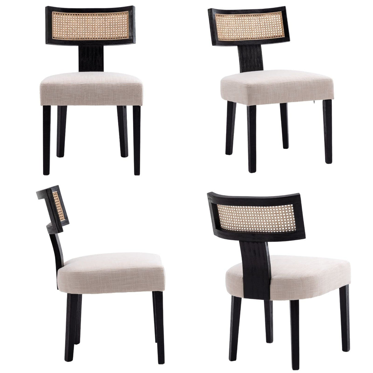 HNY Mid Century Modern Rattan Dining Chairs Set of 6, Farmhouse Linen Upholstered Accent Chair Curved Backrest Kitchen Chairs, with Black Hardwood Frame, Beige HNY