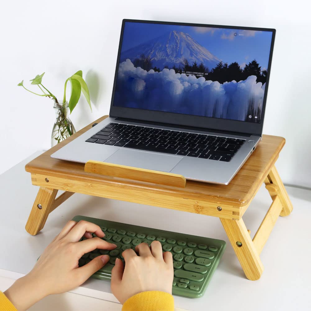 WKWKER Bamboo Laptop Desk with Folding Legs Tilting Surface Workstation Table Adjustable Laptop Stand Bed Tray for tv Sofa Study Computer Ipad Book (Natural) WKWKER
