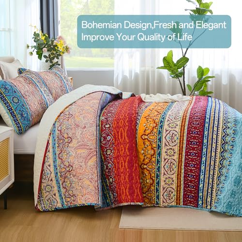 WONGS BEDDING Bohemian Quilt Set King Size, Boho Striped Printed Bedding Bedspread Coverlet Set for All Season, Lightweight Microfiber Quilts with 2 Pillowcases 104"x90" (3 Pieces, Colorful) WONGS BEDDING