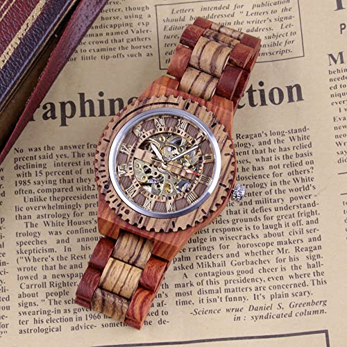 Dentily Automatic Movement Wooden Watch Skeleton Wood Watch Self-Winding Watches for Men Dentily