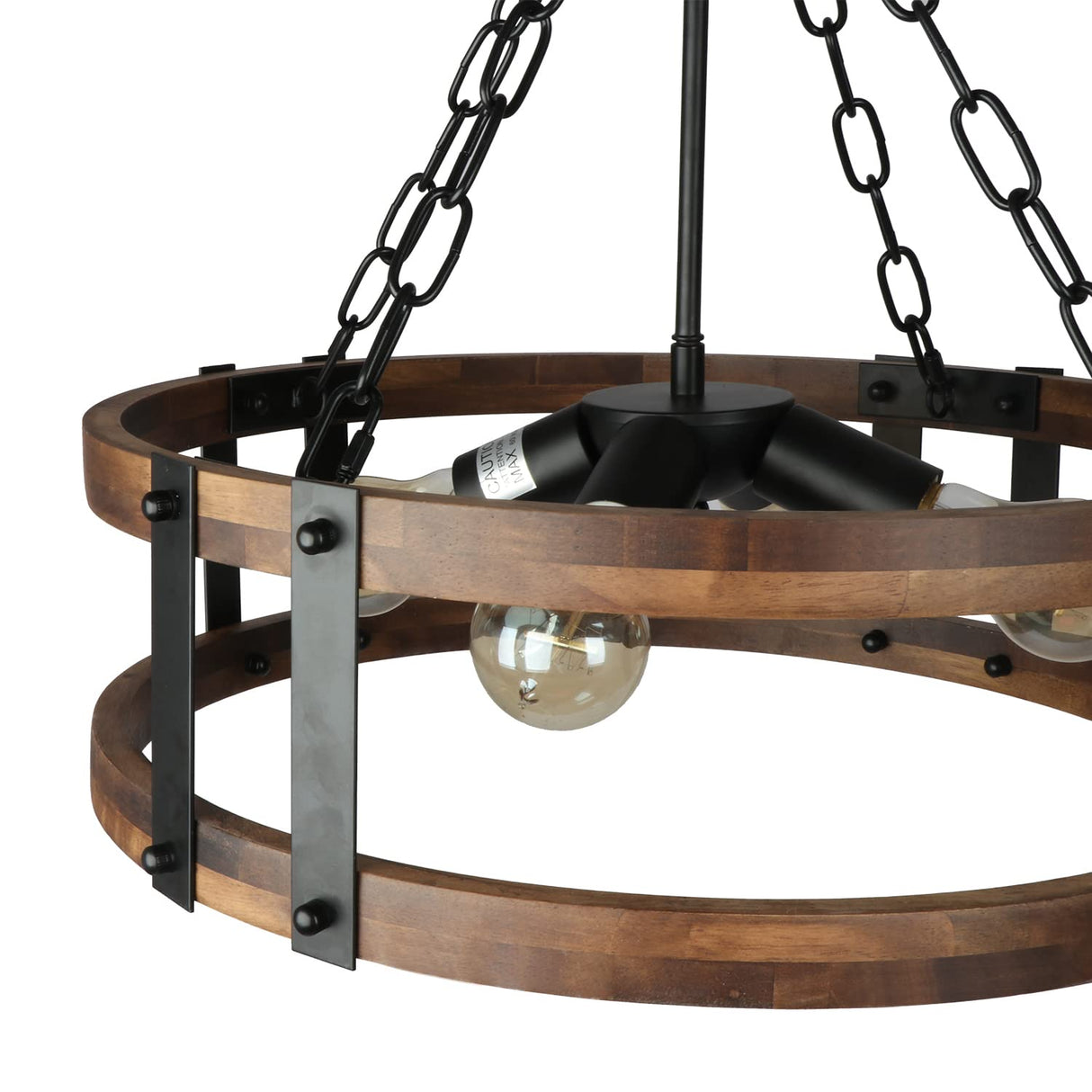 Voguad Farmhouse Rustic Wood Chandelier, 4-Light Industrial Drum Chandelier for Dining Room Vintage Pendant Hanging Light Fixture with Black Metal Accent for Kitchen Living Room Dining Area Voguad