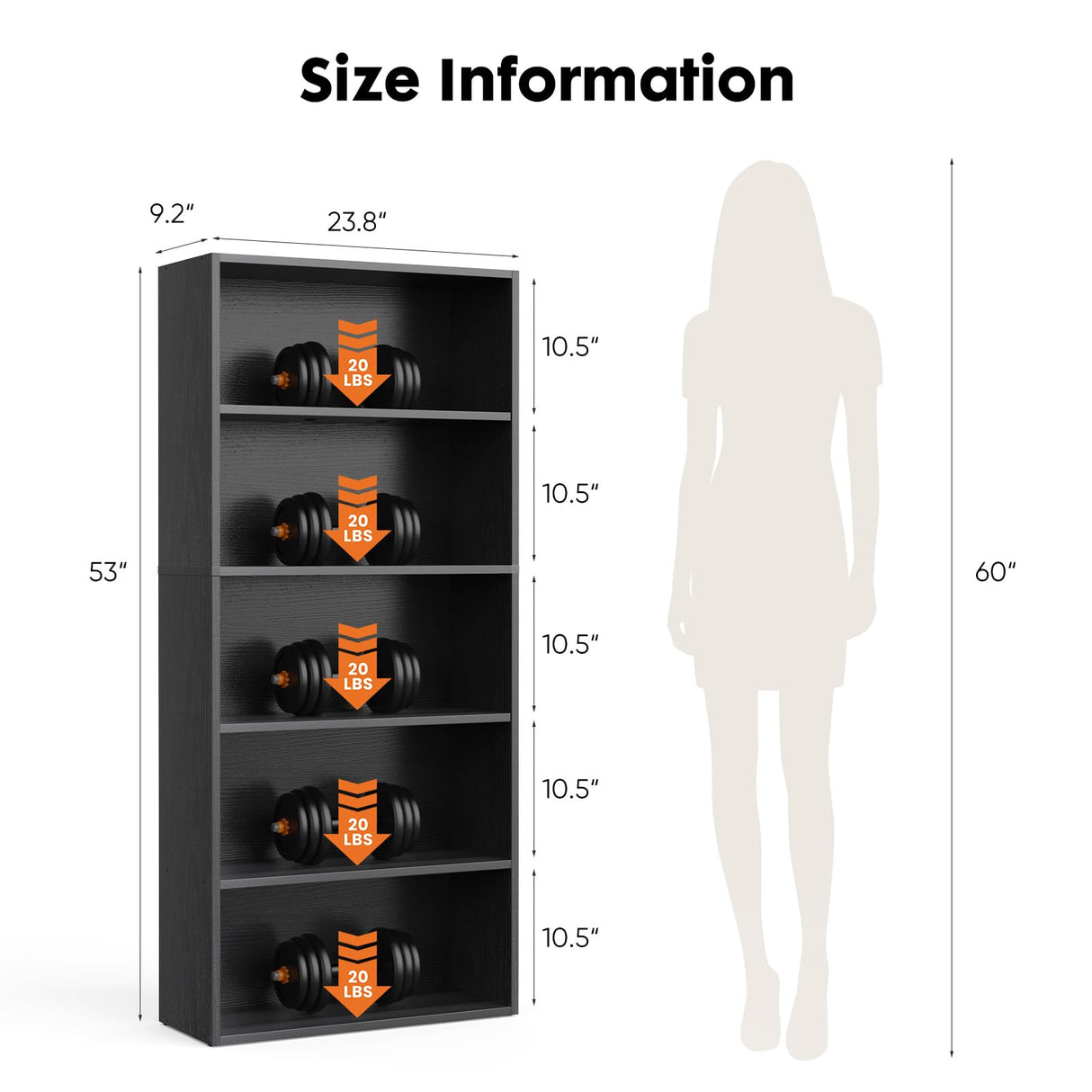 Sweetcrispy Industrial 5 Shelf Bookcase - Large 53 Inch Tall Floor Standing Open Bookshelf for Home Office, Living Room, and Bedroom Storage, Classic Black Sweetcrispy