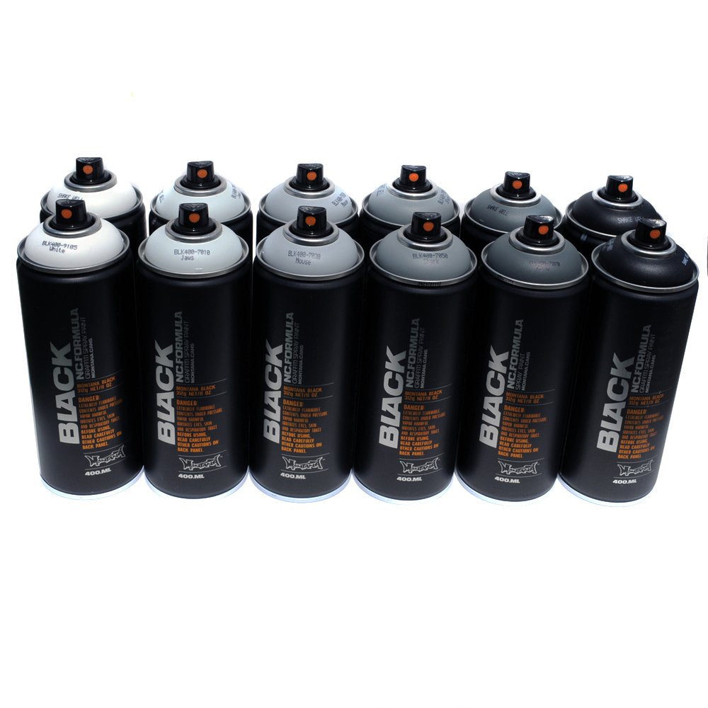 Montana BLACK 400ml Set of 12 Graffiti Street Art Mural Spray Paint (Grey Scale) Montana Black
