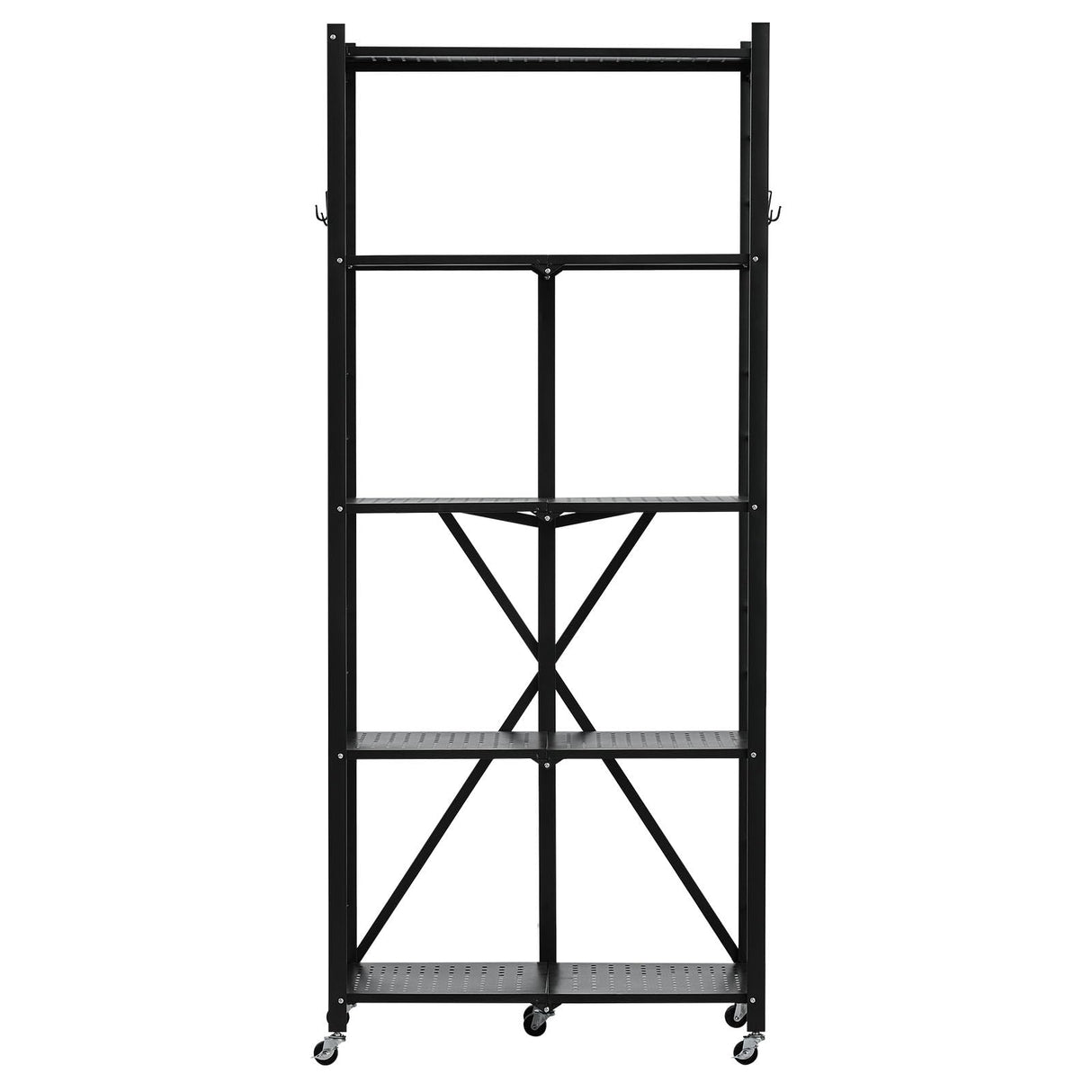 VEVOR 5-Tier Foldable Storage Shelf, 28W x 13D x 66H Inch Folding Metal Rack Shelving Unit, No Assembly Organizer Shelf with 5 Wheels & 4 Hooks for Pantry, Kitchen, Garage, Basement, Black VEVOR