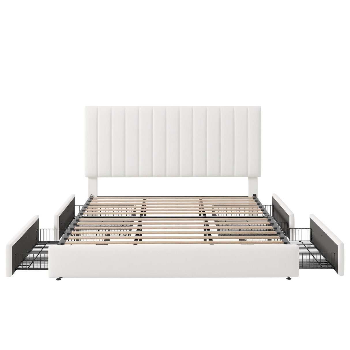 Allewie King Size Storage Bed Frame, Vertical Channel Tufted Adjustable Headboard, Velvet Upholstered Platform Bed with 4 Oversized Underbed Drawers, Wooden Slats Support, No Box Spring Needed, White Allewie