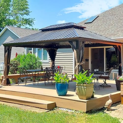 Domi Hardtop Gazebo 12x16FT, Outdoor Gazebo with Galvanized Steel Double Roof, Aluminum Frame, Built-in Gutter System, Curtain and Netting, Metal Gazebo Pavilion for Patio Deck Garden, Brown domi outdoor living