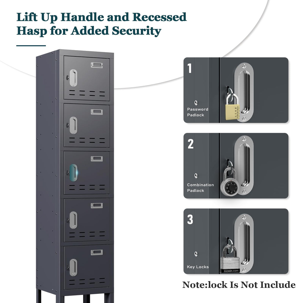 BUTISOW Metal Locker with 5 Doors,Lockers for Employees,66'' Steel Storage Locker for School,Gym, Office, Office,Garage,Lockable Metal Storage Cabinet with Hooks,Card Slots,Requires Assembly BUTISOW
