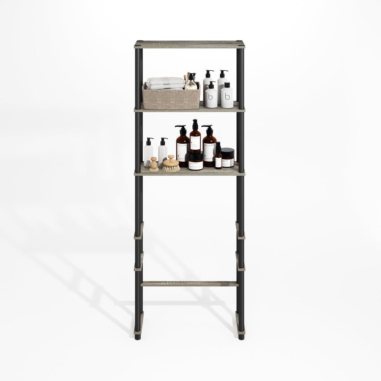 Furinno Turn-N-Tube Freestanding Over-The-Toilet Bathroom Shelves, Storage Rack with 3 Shelves, Grey Oak/Black Furinno