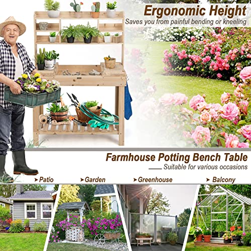 Giantex Garden Potting Bench Table, Large Workbench Table with Shelves, Openable Tabletop Hidden Storage Cabinet, 3 Hooks, Outdoor Wooden Workstation for Patio Garden Garage, 43.5"x19.5"x 60.5" Giantex