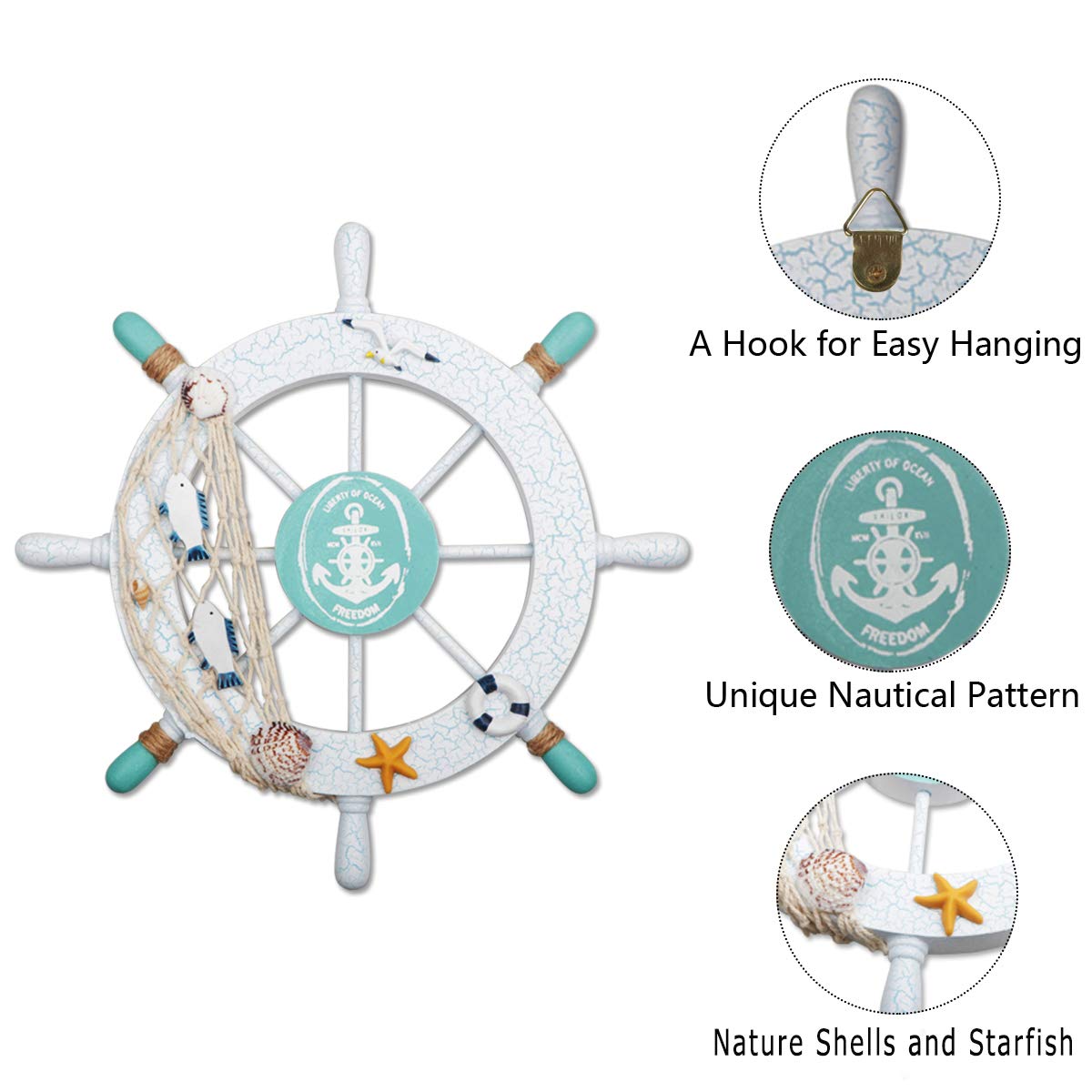 2 Pack 11" Nautical Beach Wooden Ship Wheel and 13" Wood Anchor with Rope Nautical Boat Steering Wheel Rudder Anchor Wall Decor Door Hanging Ornament Beach Theme Home Decoration(White&Green) Meching