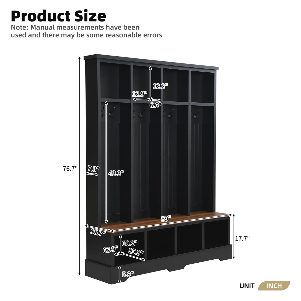 75''H Farmhouse Hall Tree With Bench And Shoe Storage, Entryway Bench With Open Compartments Coat Rack, 8 Shoe Cubbies & 8 Coat Hooks, For Mudroom, Hallway Storages Cabinet, Living Room (Black) PurityVow