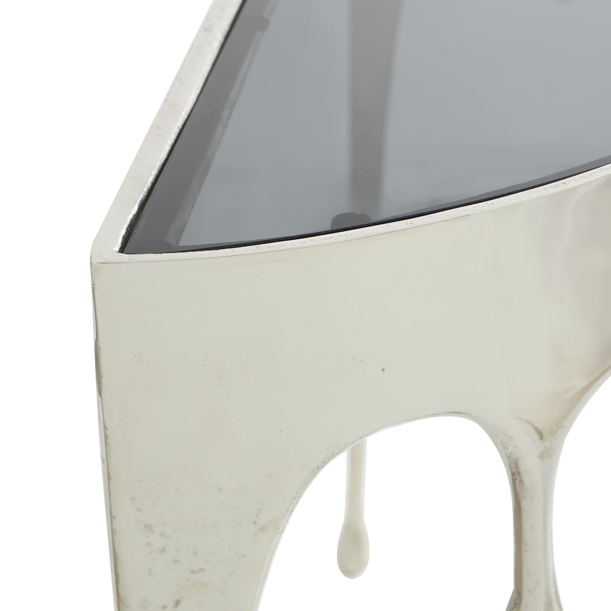 Deco 79 Aluminum Metal Abstract Console Table Drip with Melting Designed Legs and Black Glass Top, 36" x 14" x 32", Silver Deco 79
