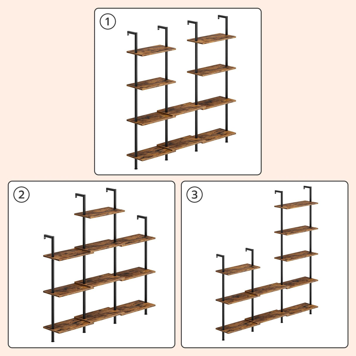 HOOBRO DIY Ladder Shelf, 5-Tier Wooden Wall Mounted Bookshelf, Narrow Bookcase, Display Shelf, Storage Rack, Plant Stand, for Living Room, Bedroom, Study, Balcony, Rustic Brown and Black BF531CJ01 HOOBRO