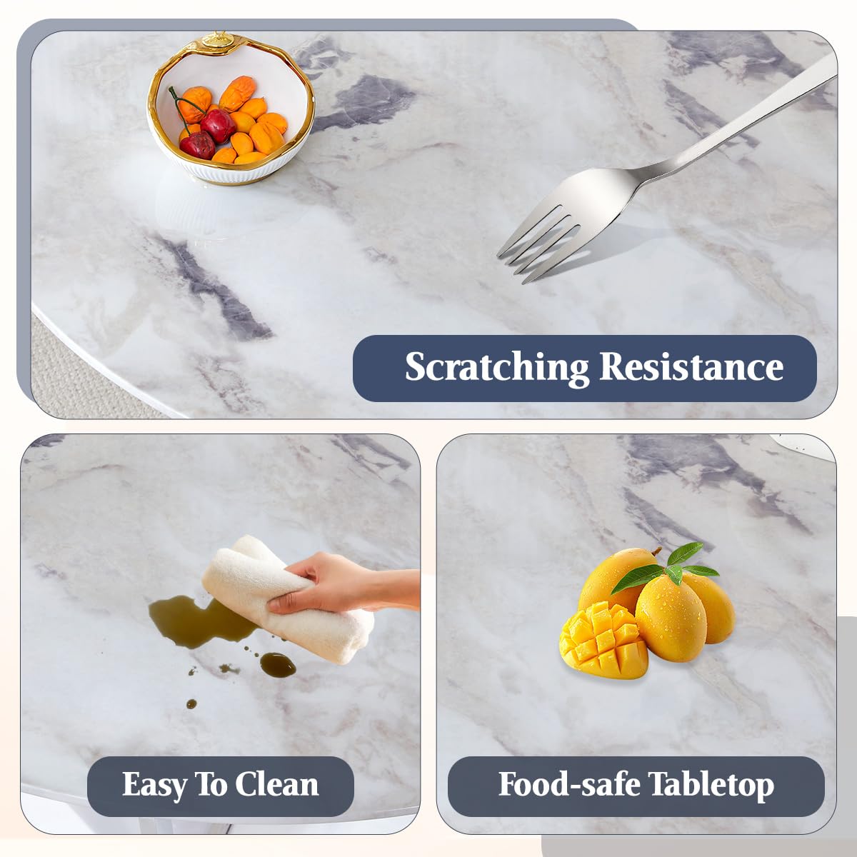 TesNus Round Dining Table Set for 4 with Chairs,Marble Top Pedestal Table and White Faux Leather Chairs, Modern Circular Kitchen Dining Table Set for Apartment, Modern Home,New House for 4 People TesNus