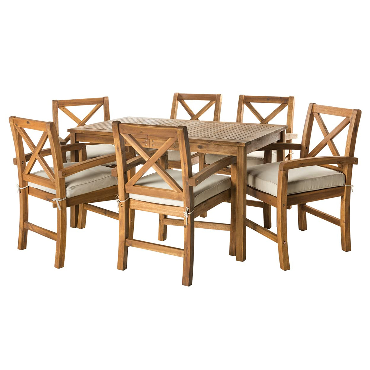 Walker Edison Delray Classic 7 Piece Acacia Wood Outdoor Dining Set with X Back Chairs, Set of 7, Brown Walker Edison