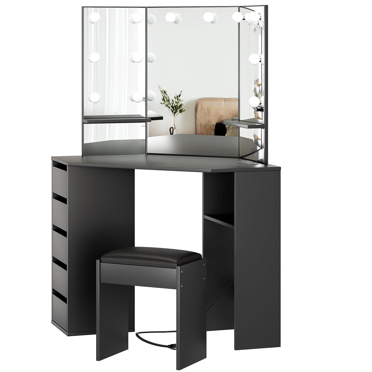 GAOMON Vanity Desk with Mirror and Lights, Corner Makeup Vanity Desk, Large Dressing Tables with Charging, 5 Drawers, Shelves and Vanity Stool, Black GAOMON