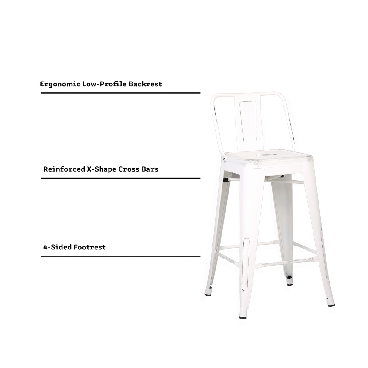 AC Pacific Modern 24” Metal Barstool Set of 2 – Country Rustic Style with Low Back, Lightweight & Sturdy Build, Easy Assembly, Distressed White AC Pacific