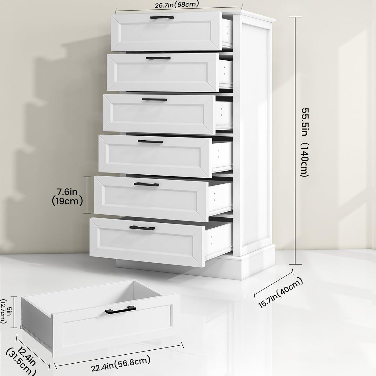 White 6 Drawer Dresser, 55 Inch Tall White Dresser for Bedroom, Modern Farmhouse Style Chest of Drawers for Bedroom Living Room, Wood Rustic Tall Dresser, Organizer for Closet, Living Room, Hallway ZLWJGY