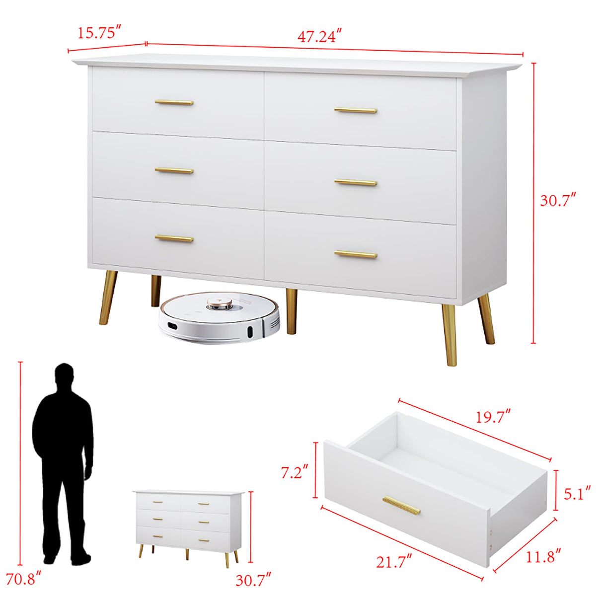 Boonatu White Dresser for Bedroom with 6 Drawers, White Dresser, Wood Dressers Chest of Drawers with Gold Handles, Modern LED Bedroom Dresser with Drawers for Closet Hallway, Living Room, White Boonatu