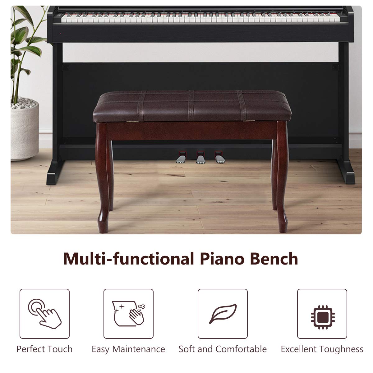 GOFLAME Piano Bench Stool with Padded Cushion and Music Storage, Heavy Duty Piano Duet Seat with PU Leather Padded Seat and Solid Wooden Legs, GOFLAME