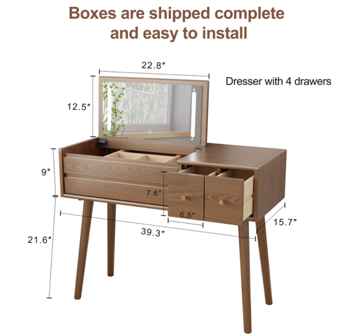 KungFuWood Makeup Vanity Desk with 3 Lighting Modes, Solid Wood Vanity Desk with Mirror Dressing Table Set 4 Drawers,Space-Saving Vanity for bedrooms(walunt) KungFuWood