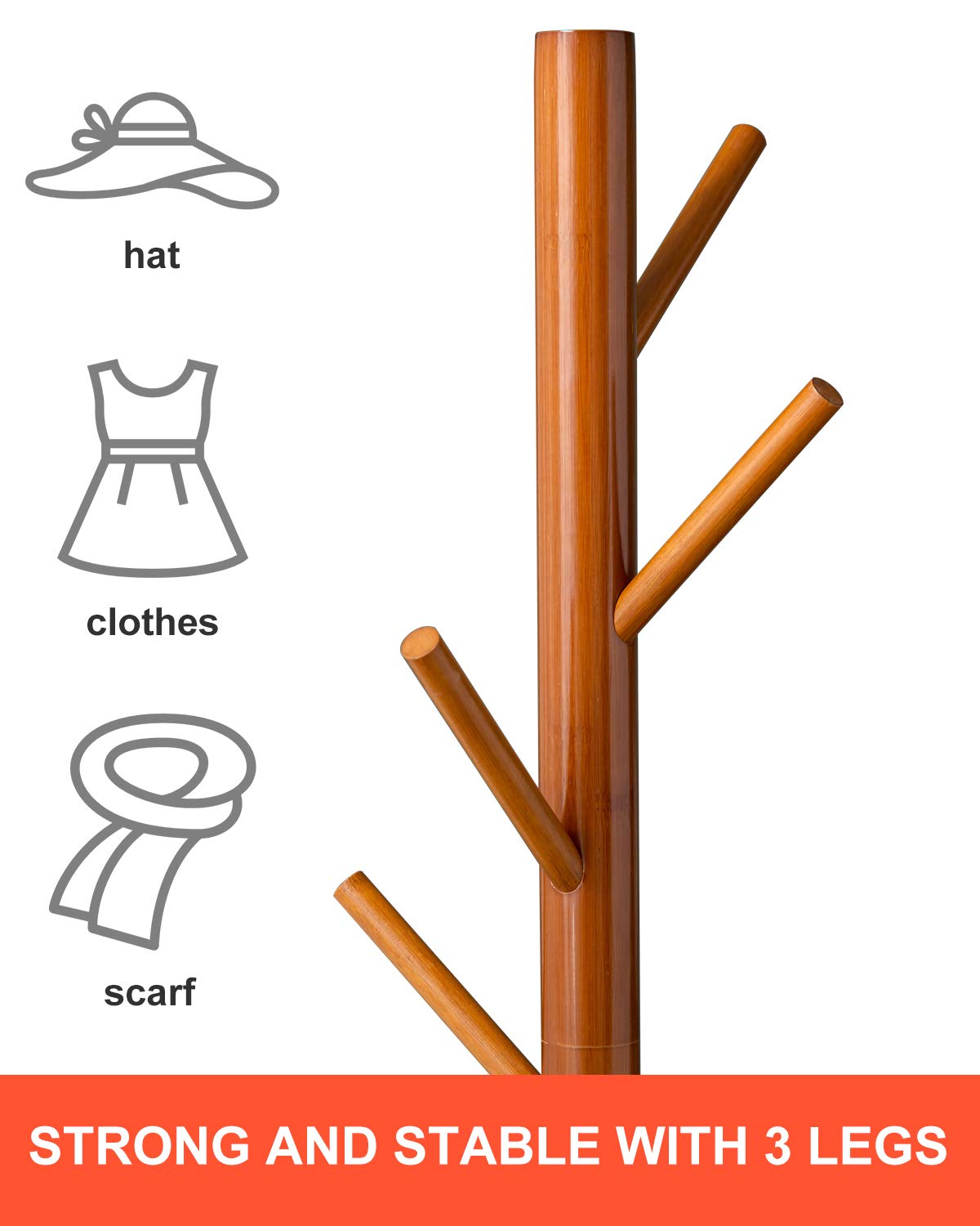 BMOSU Coat Rack freestanding Stand Bamboo Wooden Coat Tree 8 Hooks 3 Adjustable Standing Jackets Hanger Hallway Corner Parlor(Brown) BMOSU
